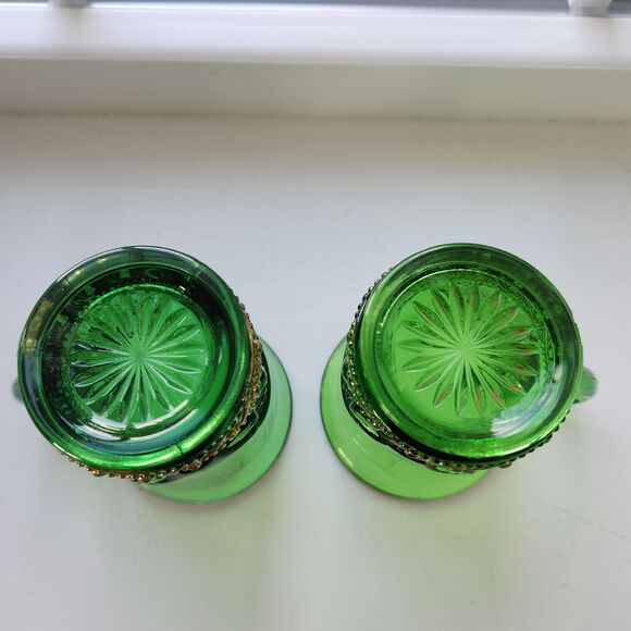 EAPG Antique Green Glass Mugs Colorado Lacy Medallion Gold Set 2 Souvenir MI OH - Picture 9 of 10